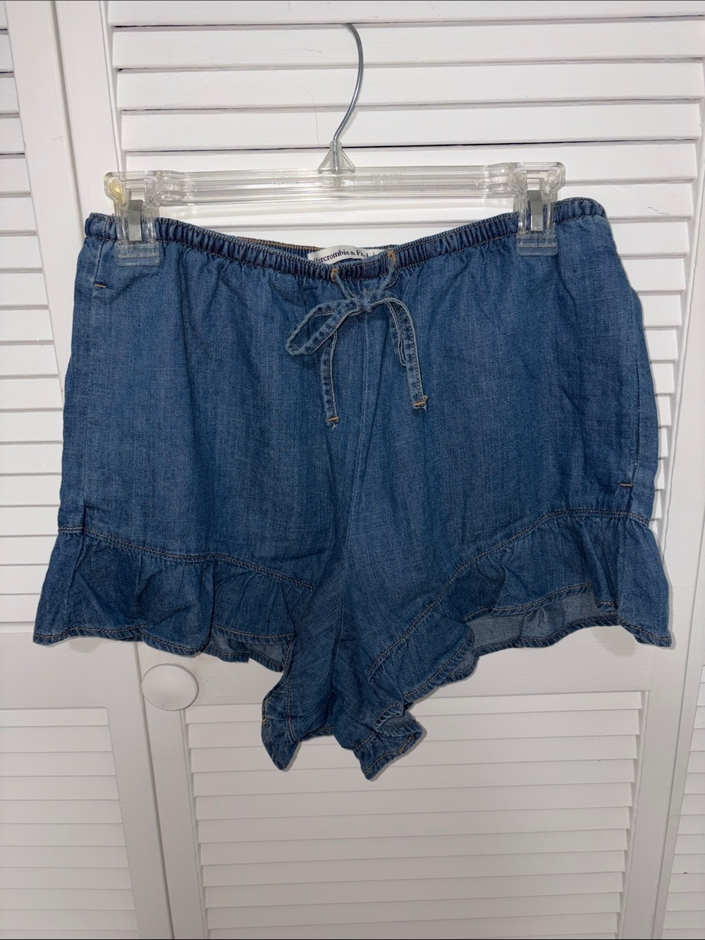 Abercrombie & Fitch Denim Chambray Ruffle Hem High-Waist Shorts - Blue